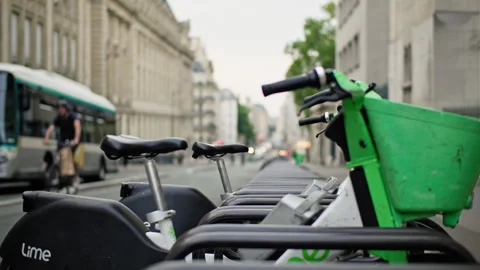 Bicycles parked on the streets of Paris. Stock Footage 313780167