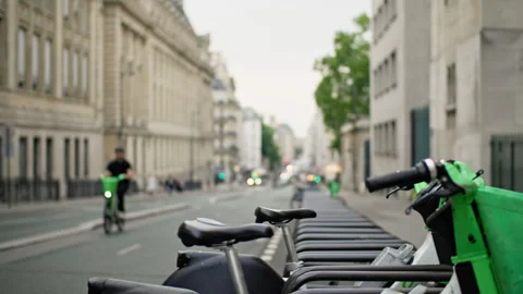 Bicycles parked on the streets of Paris. Stock Footage 314161367