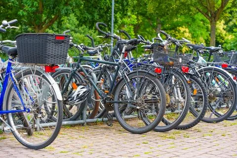 Bicycles Parked Together in a Vibrant Urban Setting in Darmstadt Germany Stock-Fotos