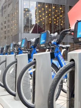 Bicycles for rent as part of the Citibike program in New York Ci Stock Photos