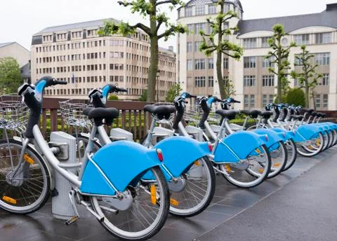 Bicycling for rent after rain in Luxemburg. Stock Photos