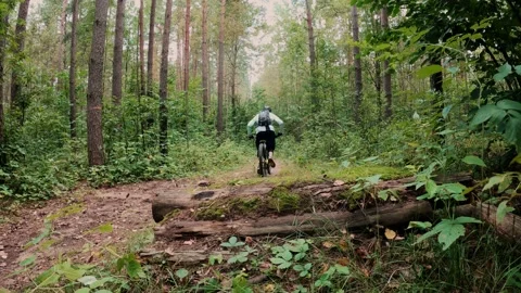 Bicyclist jumping on springboard step down gap at mountain bike back view in Stock Footage 159195139