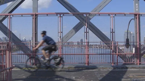 Bicyclist Williamsburg Bridge Stock Footage 91189331