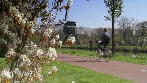 Bicyclists with windmill in The Netherlands Stock Footage 74701383