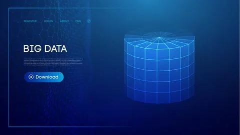 Bid data blue background. Wireframe cylinder vector. Network connection. Illustrazione stock