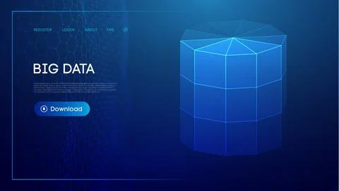 Bid data blue background. Wireframe cylinder vector. Network connection. Illustrazione stock