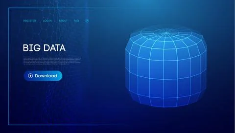 Bid data blue background. Wireframe cylinder vector. Network connection. Illustrazione stock
