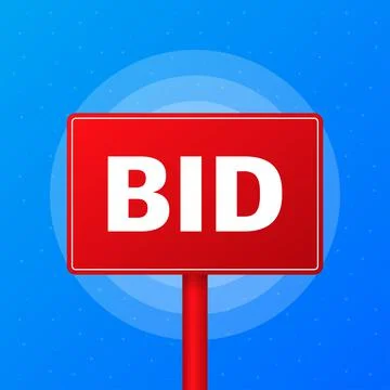 BID realistic red table on blue background. Vector illustration. Stock Illustration