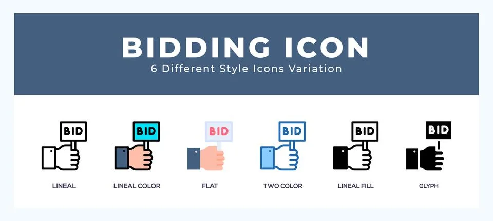 Bidding icon set with different styles. Design elements for logo. Vector il.. Stock Illustration