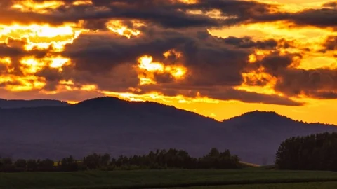 Biei Hill View The Patchwork Road sunset time lapse ,biei, hokkaido, japan Video stock 73662699