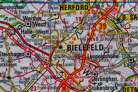 Bielefeld, Germany, on a road map Stock Photos