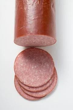 Bierwurst (beer sausage) with slices cut Stock Photos