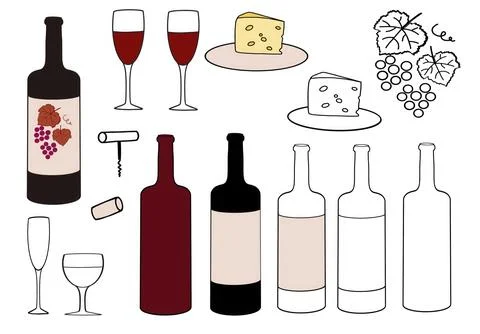 Bif wine set featuring bottles, glasses, cheese, and grapes in a simple artistic Stock Illustration