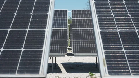 Bifacial photovoltaic solar panels array on ground mount racking Stock Footage 334444465