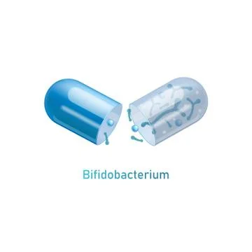 Bifidobacterium - blue probiotic capsule split open with microorganisms spilling Stock Illustration