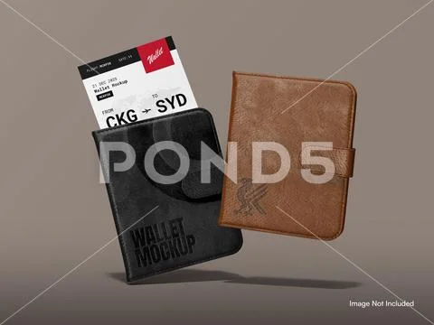 Bifold Wallet Mockup with Boarding Pass Template PSD