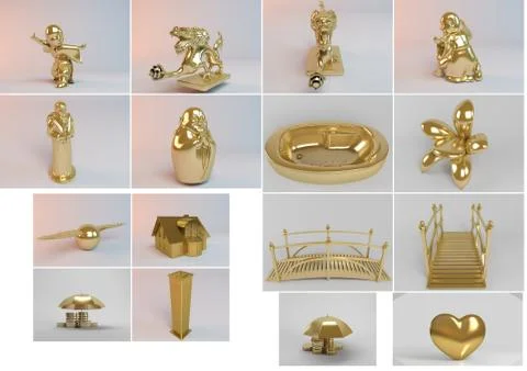 Big 3d collection of golden objects rendered with high quality and details wh Stock Illustration
