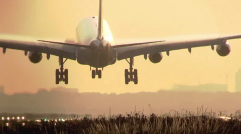 Big A340 airplane landing at sunrise Stock Footage