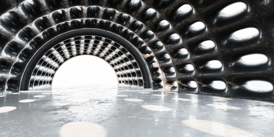 Big abstract hangar structure with ceiling made from metal 3d render 스톡 일러스트