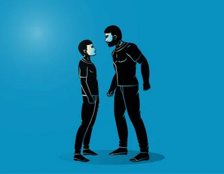 Big aggressive guy threatening the little guy. Conflict situation vector illu Stock Illustration