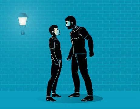 Big aggressive guy threatens small guy on the street, in the background a sto Stock Illustration