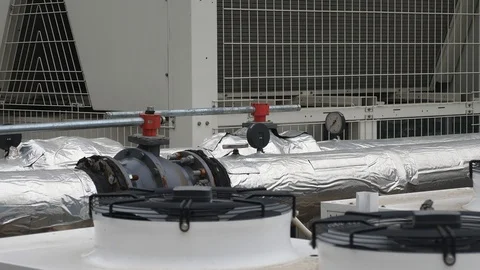 Big air ventilation HVAC units for office building with pipes and manometers Stock Footage 106028073