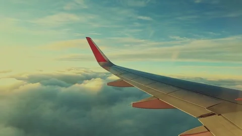 Big airplane wing window view flying above the clouds at sunset golden hour Stock Footage 292631898