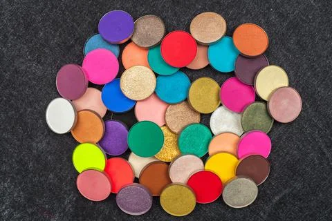 Big amount of round eyeshadows. pro cosmetic Stock Photos
