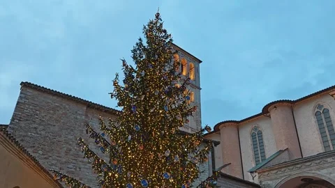A big and shining christmas tree in the historic center of Assisi Stock Footage 295199563