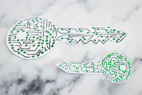 Big and small encryption key icon made of circuits and LED lights on white ma Foto stock