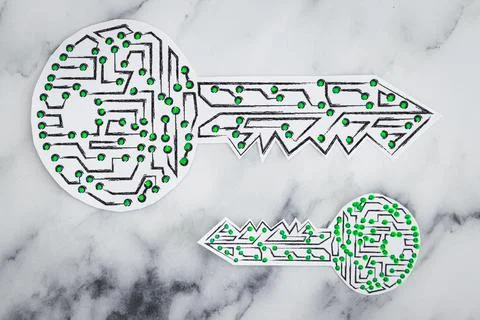 Big and small encryption key icon made of circuits and LED lights on white ma Stock Photos