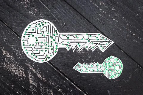 Big and small encryption key icon made of circuits and LED lights on dark bac Foto stock