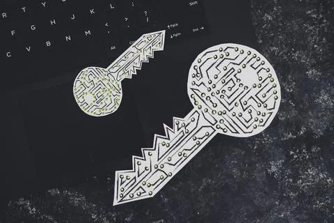 Big and small encryption key icons made of circuits and LED lights on top of  Stock Photos