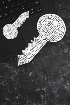 Big and small encryption key icons made of circuits and LED lights on top of  Stock Photos