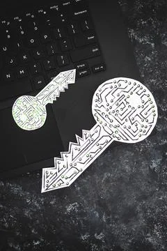 Big and small encryption key icons made of circuits and LED lights on top of  Stock Photos