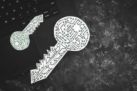 Big and small encryption key icons made of circuits and LED lights on top of  Stock Photos