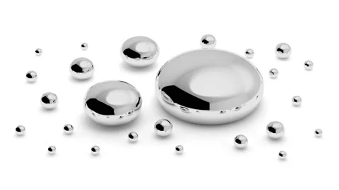 Big and small mercury (Hg) metal drops closeup 3d animation Stock Footage 133497623