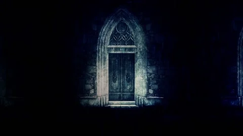 Big and Spooky Castle Door at Night Under a Lightning Storm and Rain Stock Footage