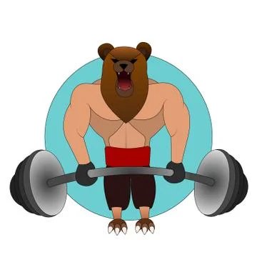 The big angry bear with the human body in the gym raises the rod. weight lift Stock Illustration