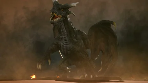 A big angry dragon in the desert is fighting off its enemies. 3D animation Stock Footage