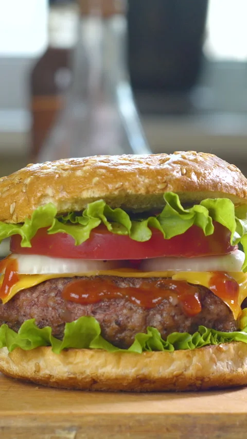 Big appetizing burger Stock Footage 269369090
