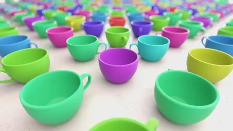 A big array of colorful coffee cups on a white concrete surface presented wit Stock Illustration