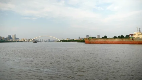 Big Barge on a River on a Cloudy Day 4k Stock Footage 123049919