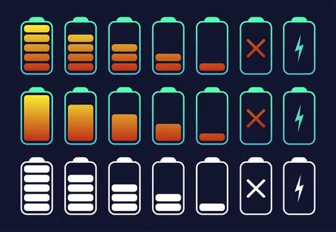 Big battery symbol set different level of charge. Battery charge signs. Vecto Stock Illustration