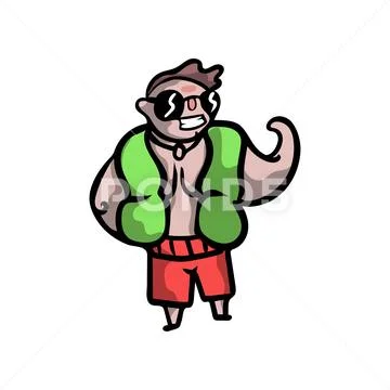Big beach safeguard man in green vest and red shorts Stock Illustration