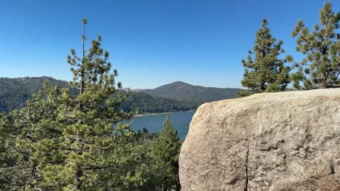 Big Bear Lake Scenic View with Pine Trees and Mountains, California Stock Footage 343008762