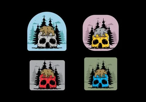 Big bear walking on skull head illustration Stock Illustration