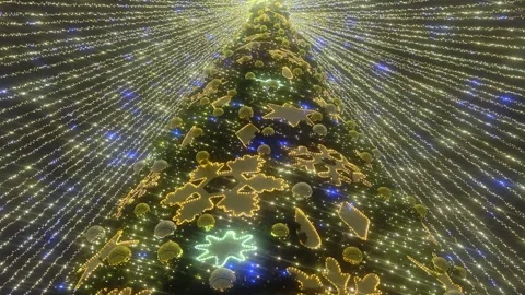 Big beautiful Christmas tree with decorations and Illuminations in night. Stock Footage 293844997