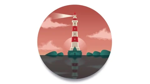 Big beautiful lighthouse. Big moon reflection. Green rocks. Lighthouse beam.. Stock Footage 278408717