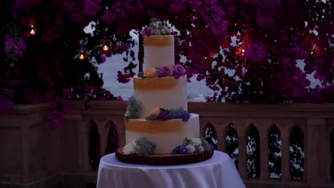 Big beautiful wedding cake decorated with flowers Stock Footage 223346485